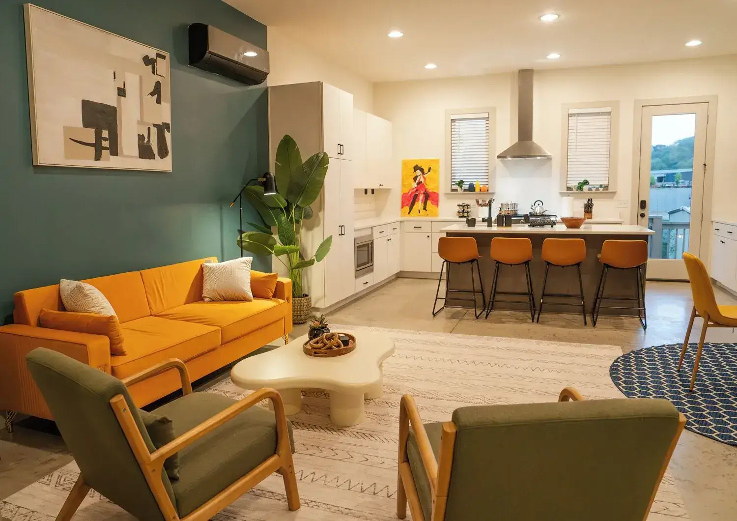 Open living room and kitchen with island seating