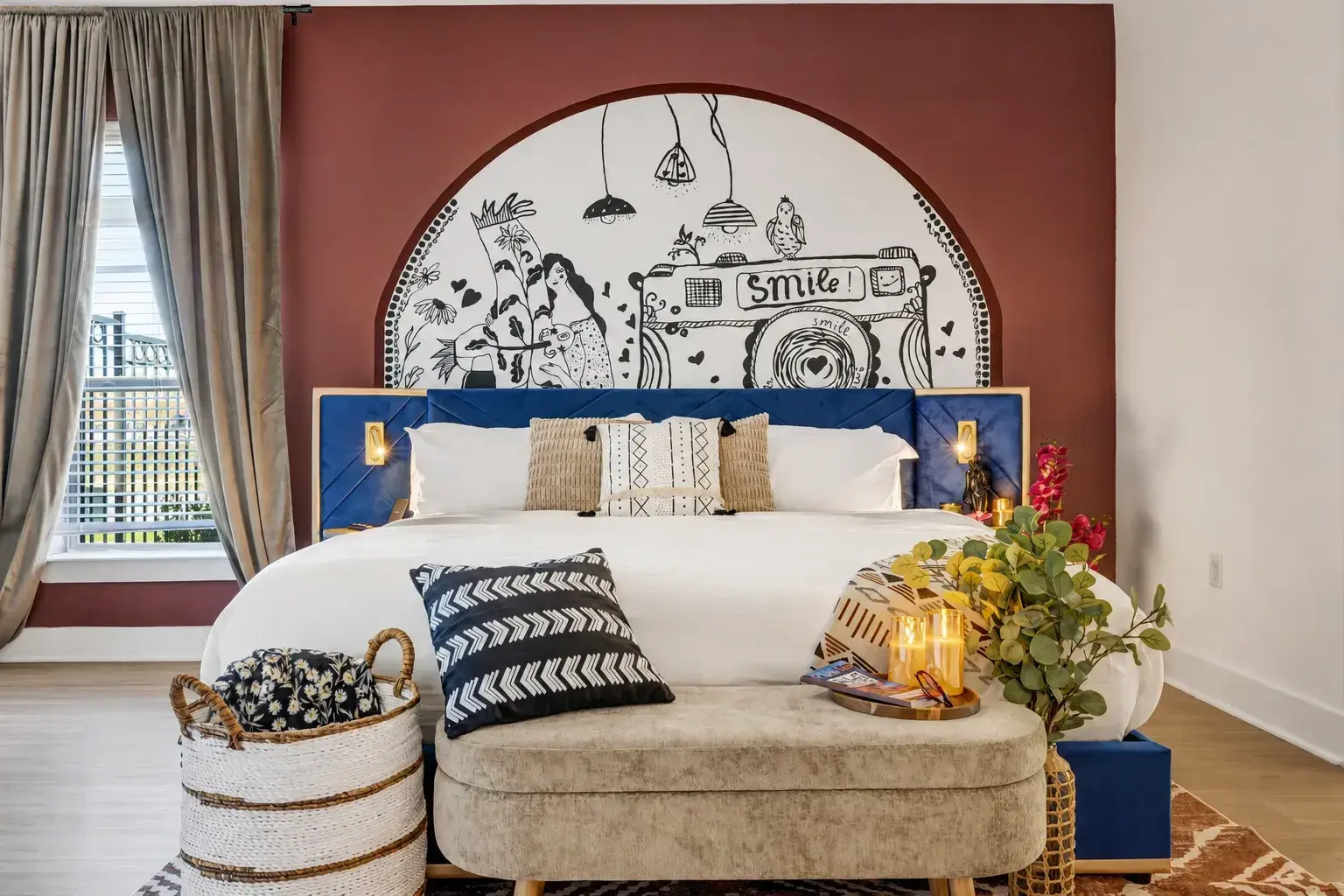 Bedroom with statement headboard wall