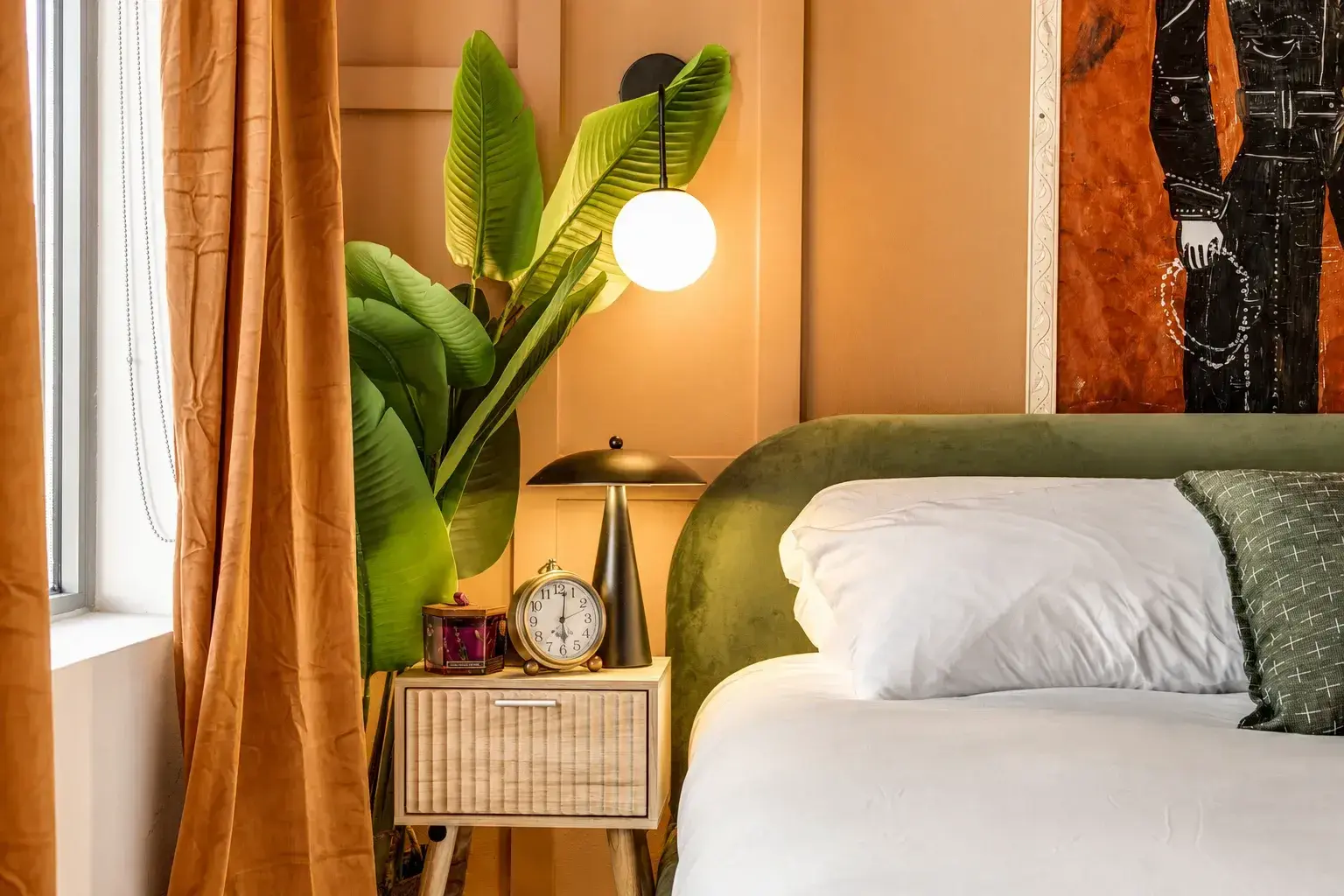 Bedroom seating nook and nightstand