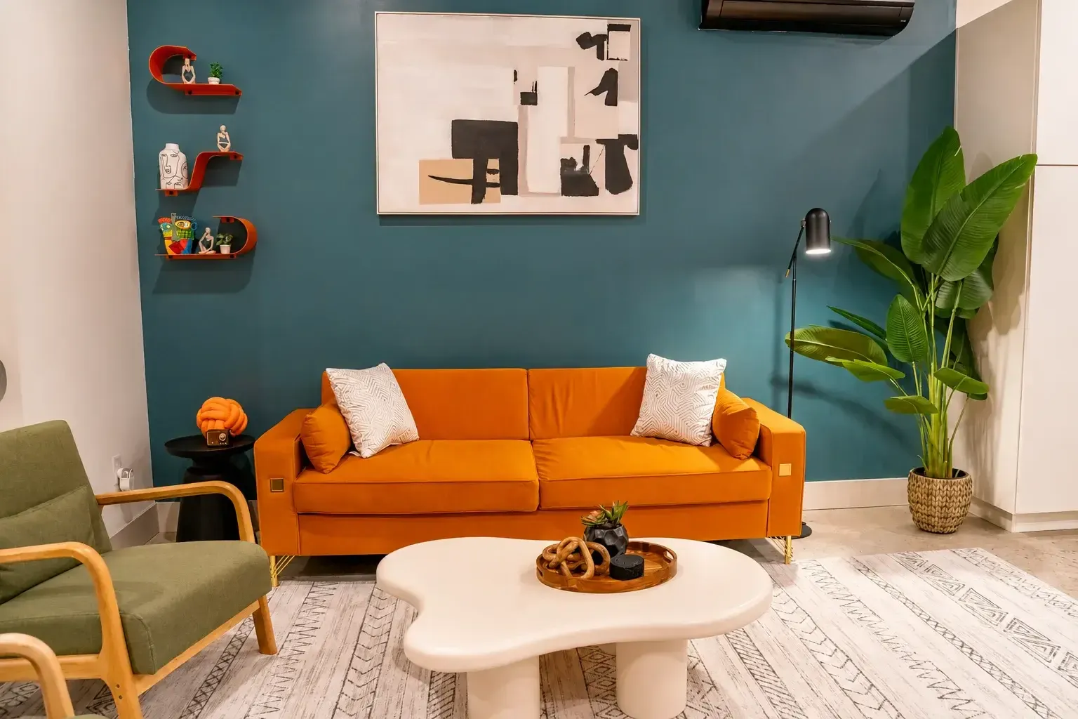 Living room with sofa and statement artwork